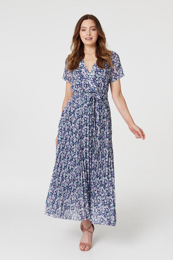 Purple | Floral Wrap Pleated Maxi Dress