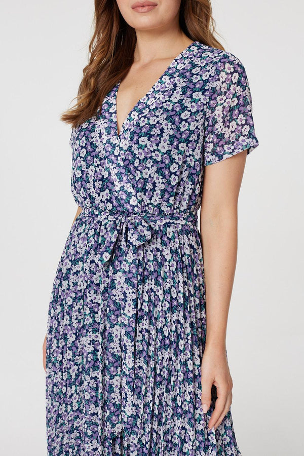 Purple | Floral Wrap Pleated Maxi Dress