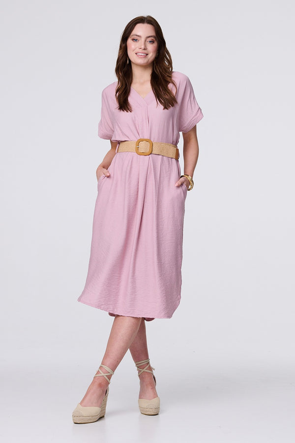 Pink | V-Neck Short Sleeve Belted Tunic Dress