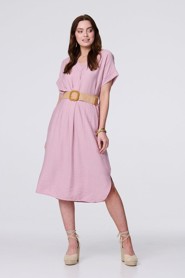 Pink | V-Neck Short Sleeve Belted Tunic Dress