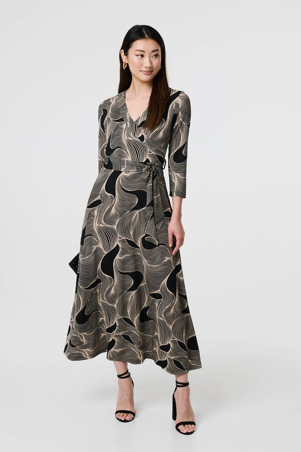 Beige | Abstract 3/4 Sleeve Tie Waist Wrap Maxi Dress