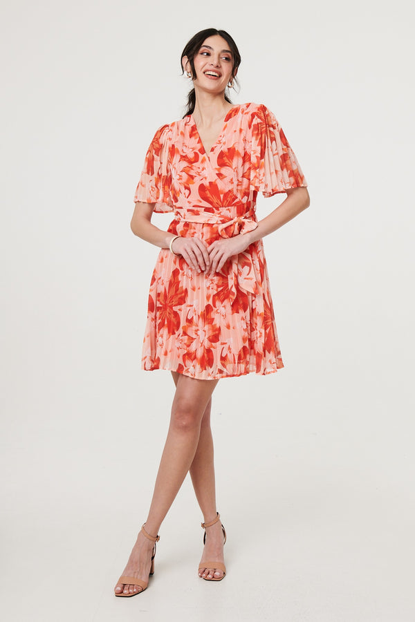 Orange | Floral Pleated Angel Sleeve Mini Dress