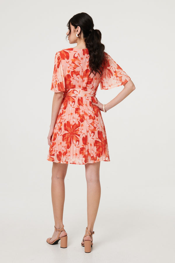 Orange | Floral Pleated Angel Sleeve Mini Dress