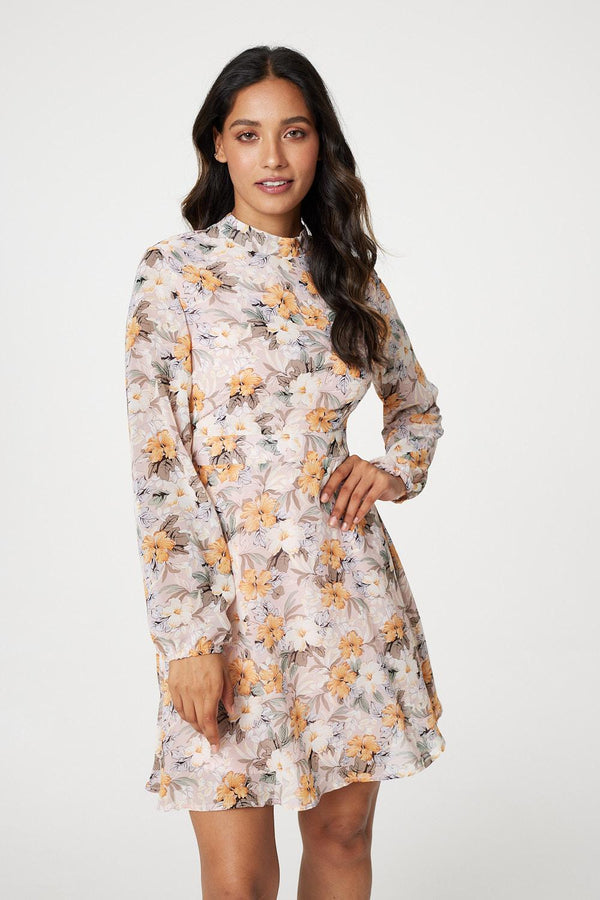 Pink | Floral High Neck Short Dress