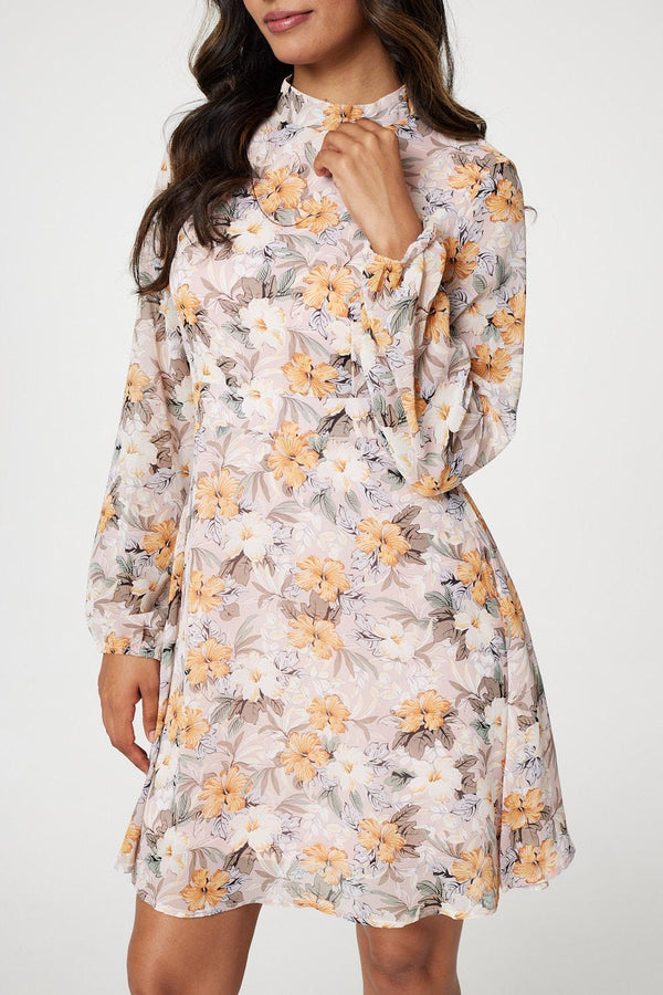 Pink | Floral High Neck Short Dress
