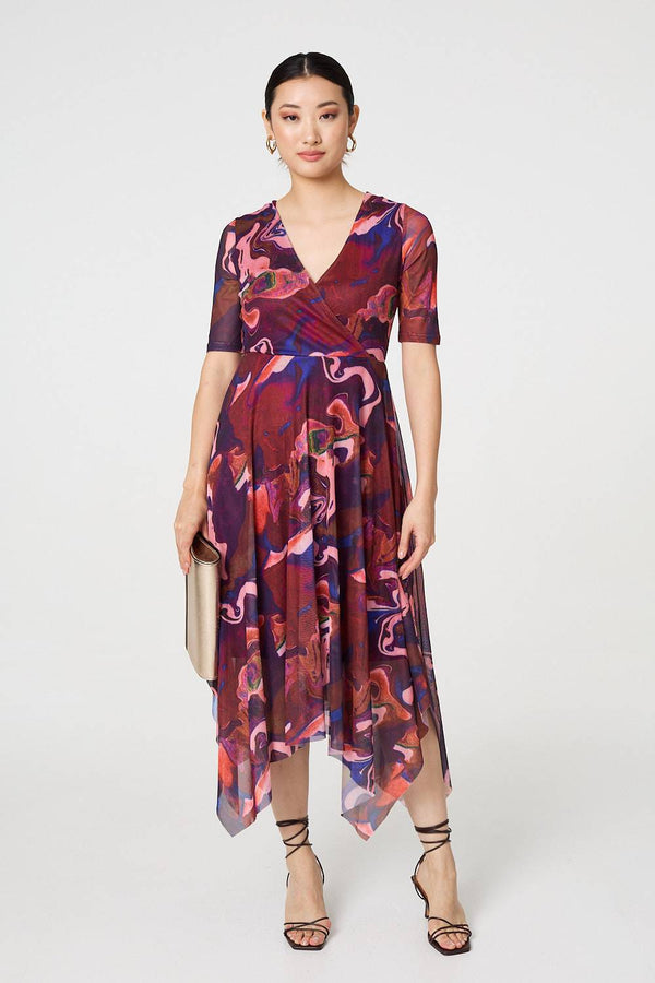 Red | Printed Semi Sheer 1/2 Sleeve Midi Dress
