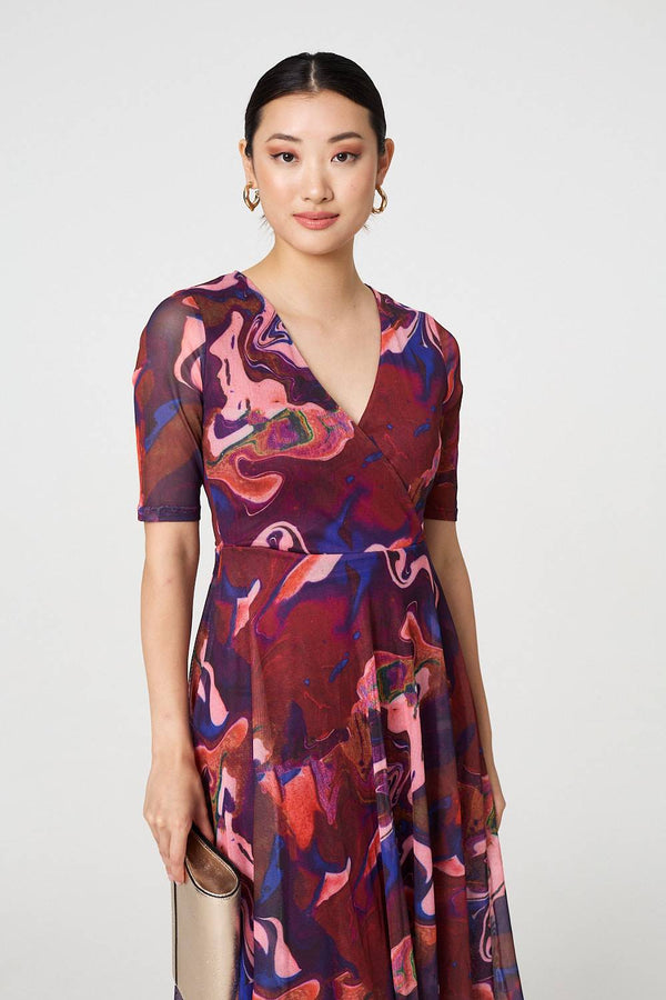 Red | Printed Semi Sheer 1/2 Sleeve Midi Dress