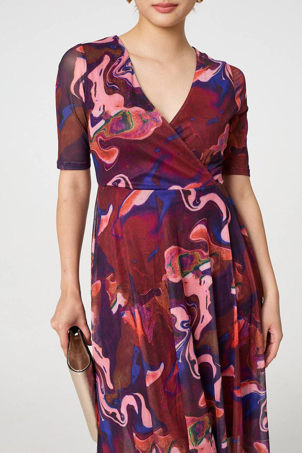 Red | Printed Semi Sheer 1/2 Sleeve Midi Dress