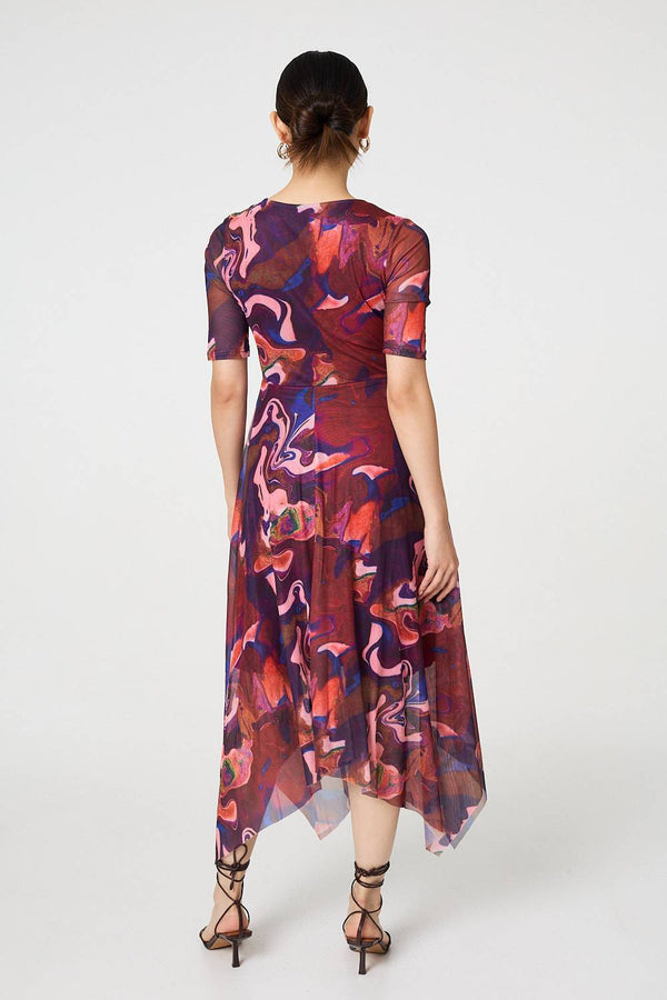 Red | Printed Semi Sheer 1/2 Sleeve Midi Dress
