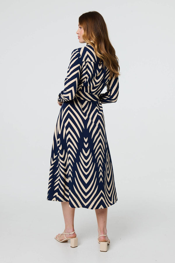 Navy | Chevron Print Tie Waist Shirt Midi Dress