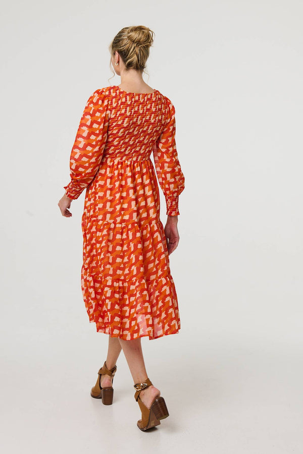 Orange | Printed Long Puff Sleeve Midi Smock Dress