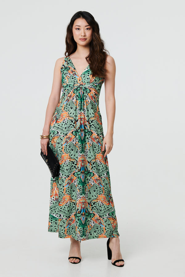Green | Butterfly Print V-Neck Empire Maxi Dress