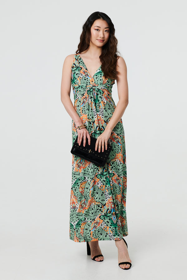 Green | Butterfly Print V-Neck Empire Maxi Dress
