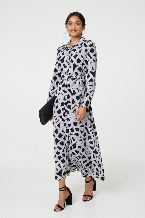 Black And White | Printed Long Sleeve Shirt Maxi Dress