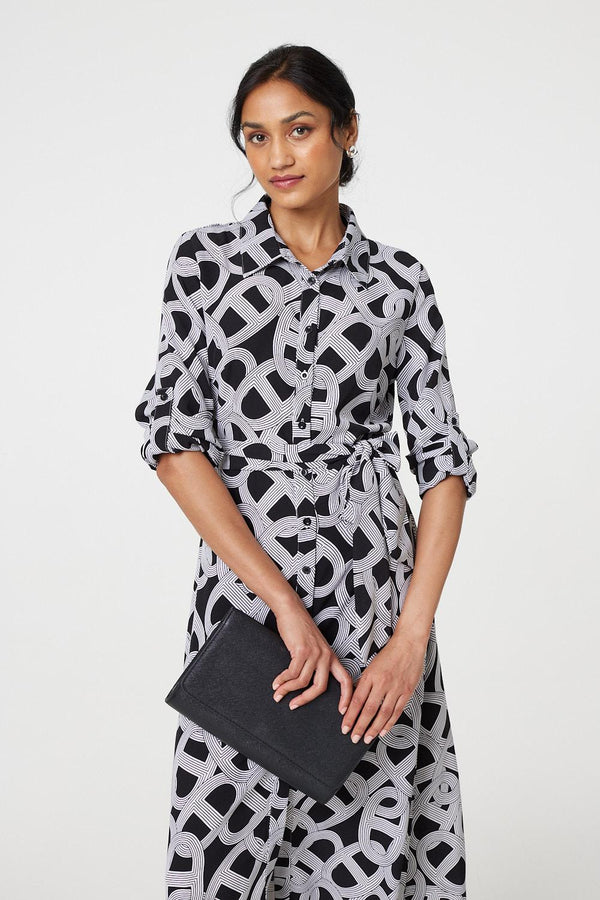 Black And White | Printed Long Sleeve Shirt Maxi Dress