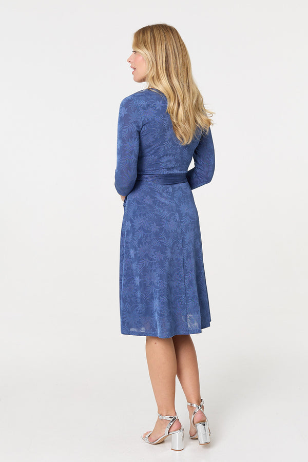 Blue | Floral Embossed Tie Waist Knee Length Dress
