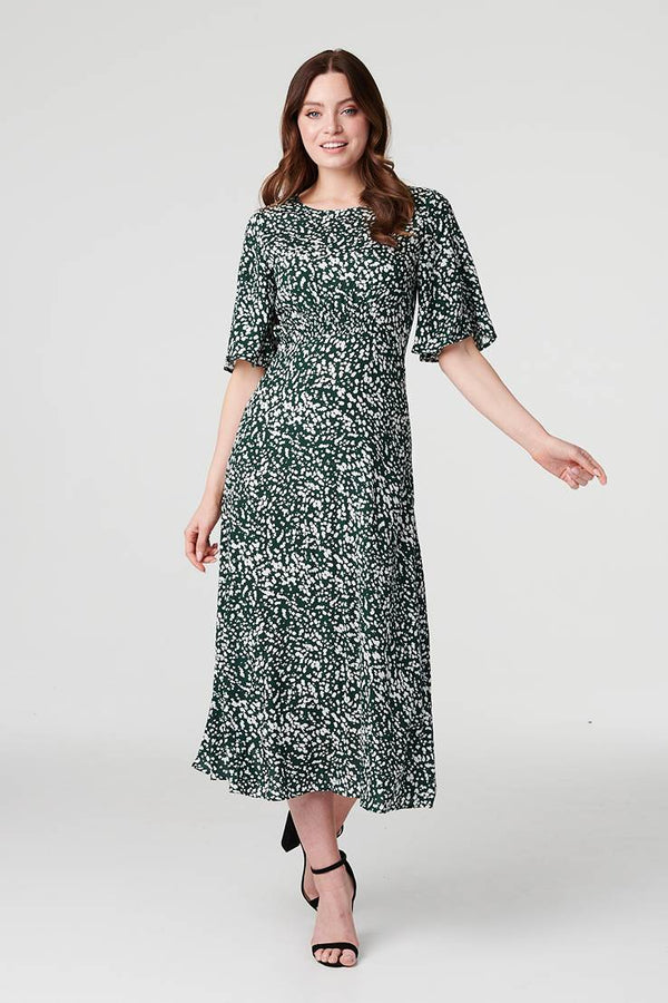 Green | Printed Angel Sleeve Midi Dress