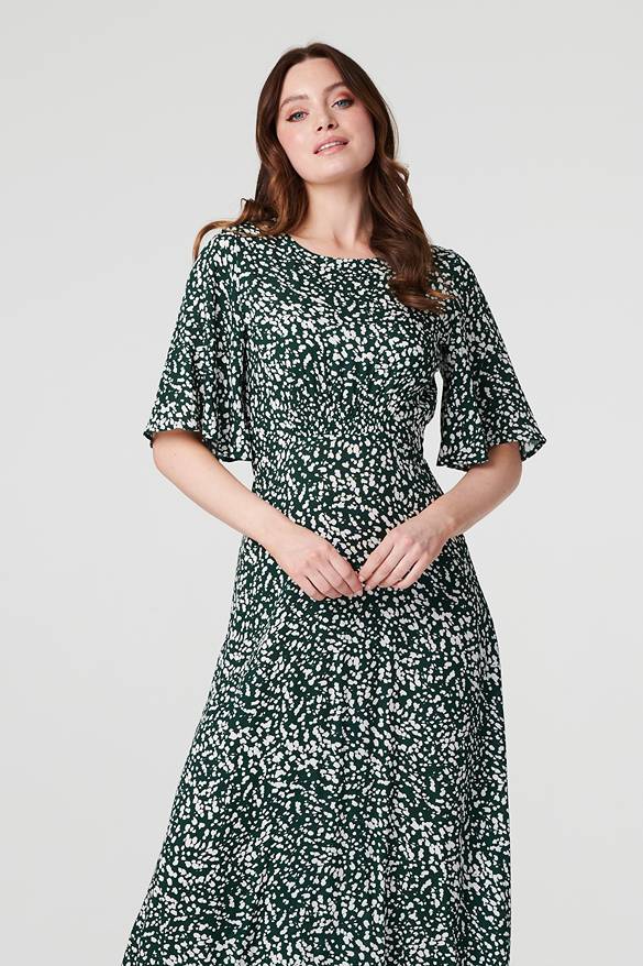 Green | Printed Angel Sleeve Midi Dress
