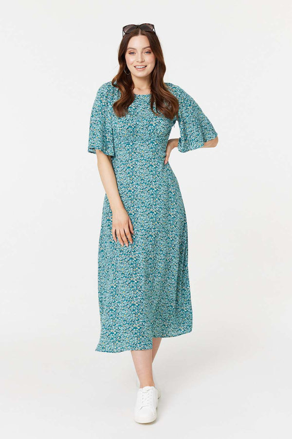 Light Green | Ditsy Floral 1/2 Sleeve Midi Dress