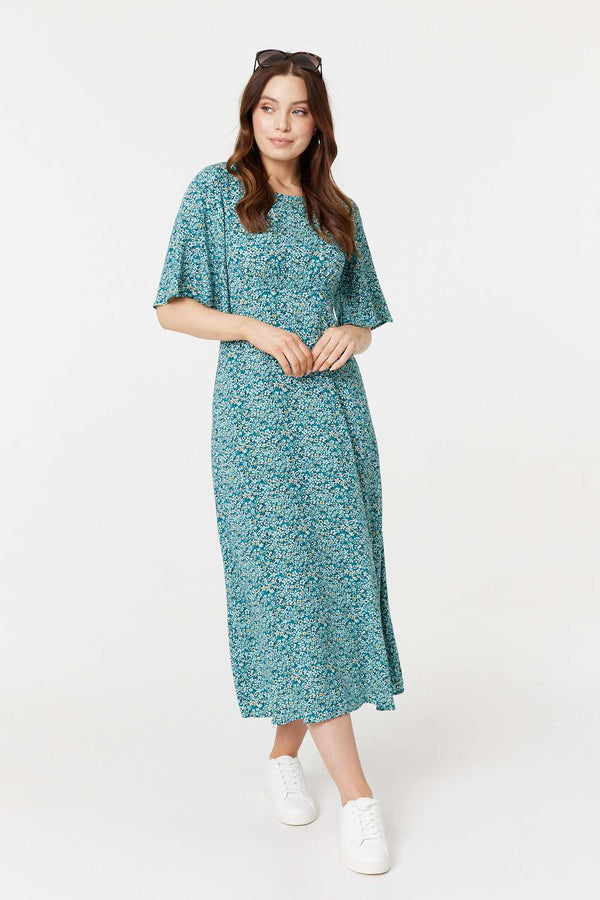 Light Green | Ditsy Floral 1/2 Sleeve Midi Dress