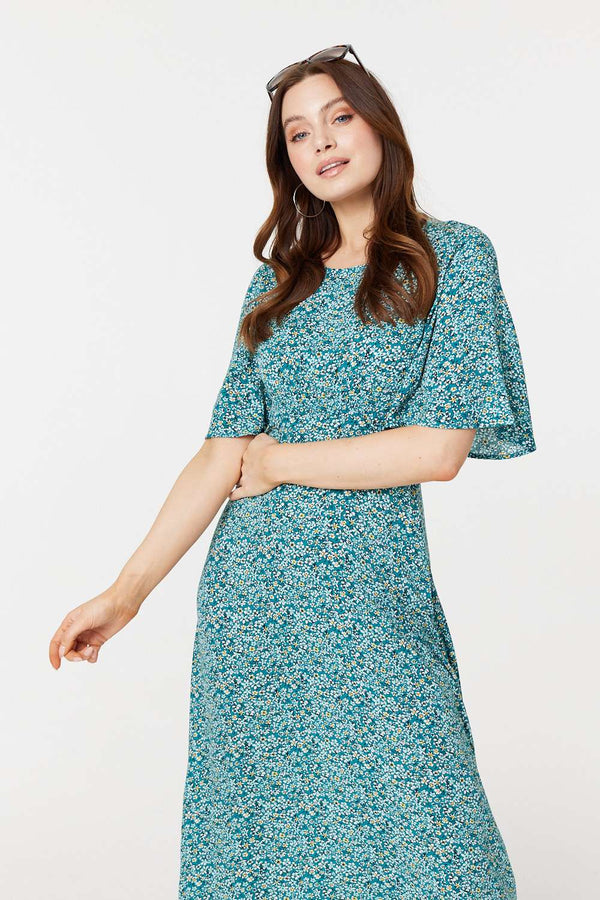 Light Green | Ditsy Floral 1/2 Sleeve Midi Dress