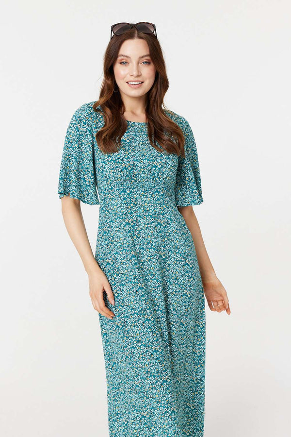 Light Green | Ditsy Floral 1/2 Sleeve Midi Dress
