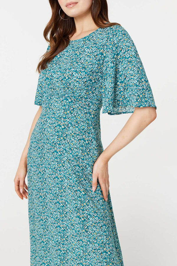 Light Green | Ditsy Floral 1/2 Sleeve Midi Dress
