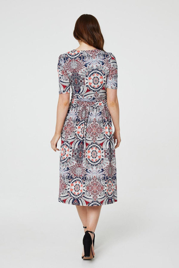 Blue | Mosaic Print Ruched Midi Dress