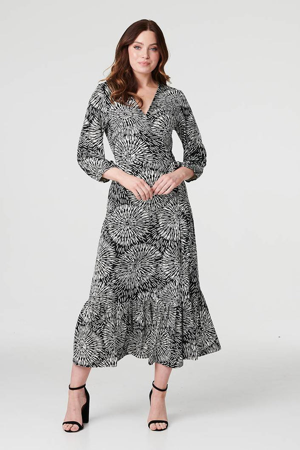 Black | Printed 3/4 Sleeve Midi Wrap Dress : Model is 5'9"/175 cm and wears UK8/EU36/US4/AUS8