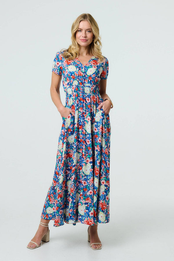 Blue | Floral Short Sleeve Maxi Smock Dress