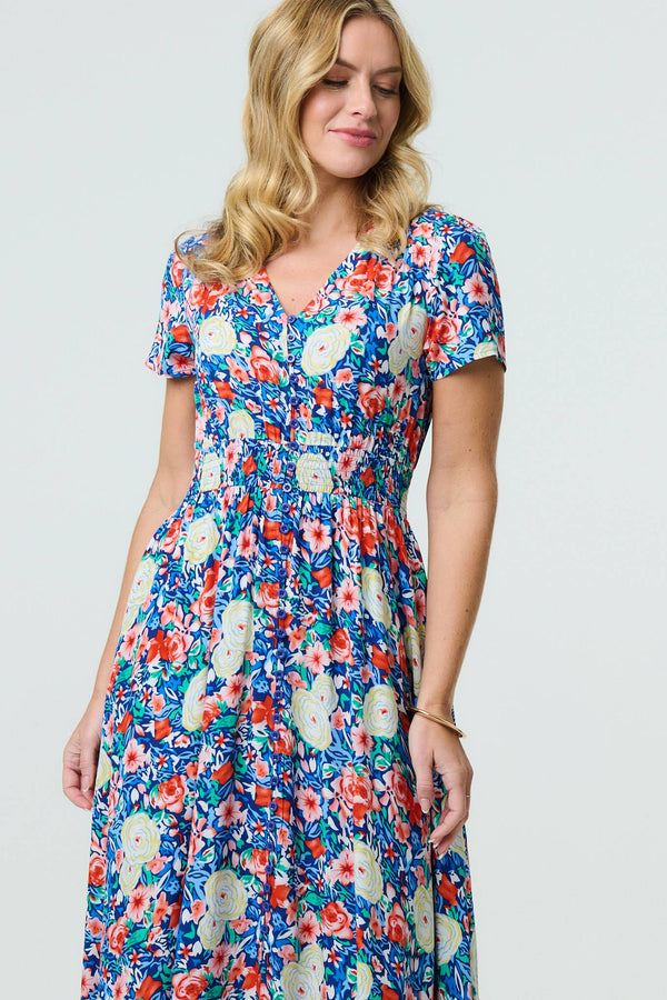 Blue | Floral Short Sleeve Maxi Smock Dress