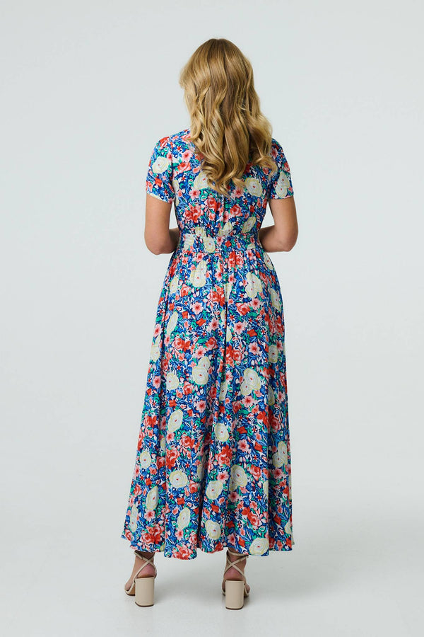 Blue | Floral Short Sleeve Maxi Smock Dress