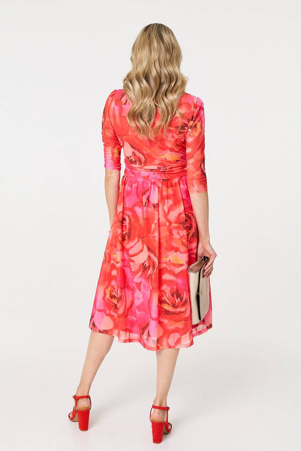 Orange | Floral Mesh Ruched Midi Faux Wrap Dress