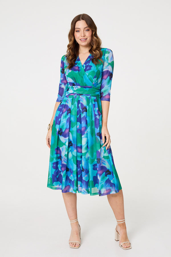 Blue | Printed Short Sleeve Pleated Wrap Midi Dress