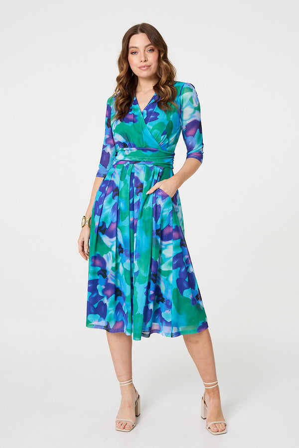 Blue | Printed Short Sleeve Pleated Wrap Midi Dress
