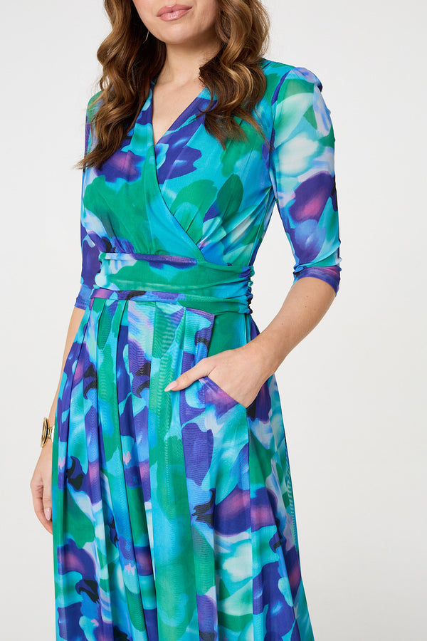 Blue | Printed Short Sleeve Pleated Wrap Midi Dress