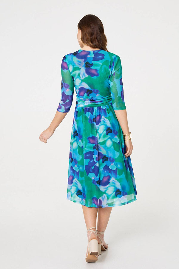 Blue | Printed Short Sleeve Pleated Wrap Midi Dress