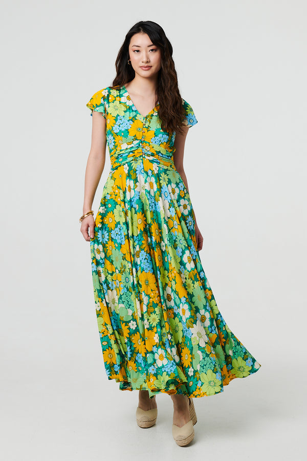 Green | Floral Ruched Cap Sleeve Maxi Dress