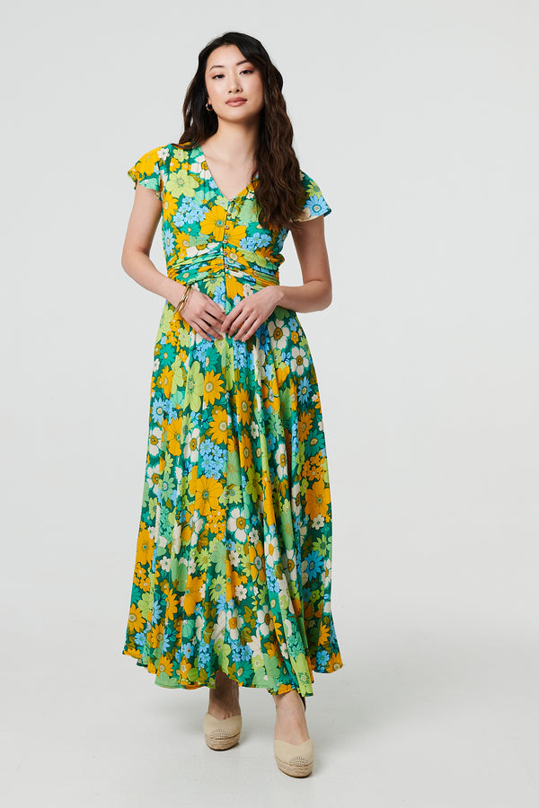 Green | Floral Ruched Cap Sleeve Maxi Dress
