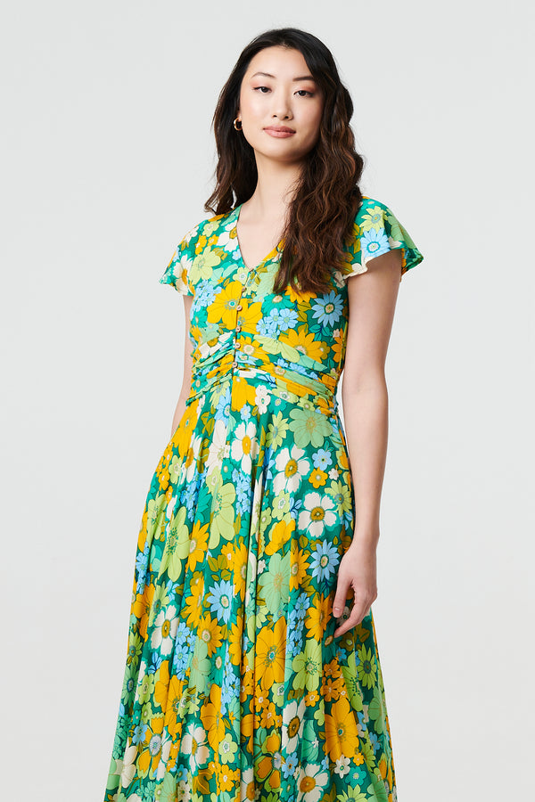Green | Floral Ruched Cap Sleeve Maxi Dress