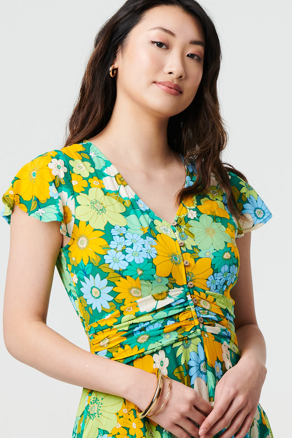 Green | Floral Ruched Cap Sleeve Maxi Dress