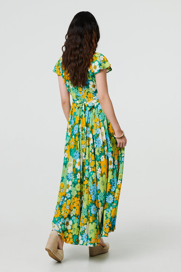 Green | Floral Ruched Cap Sleeve Maxi Dress