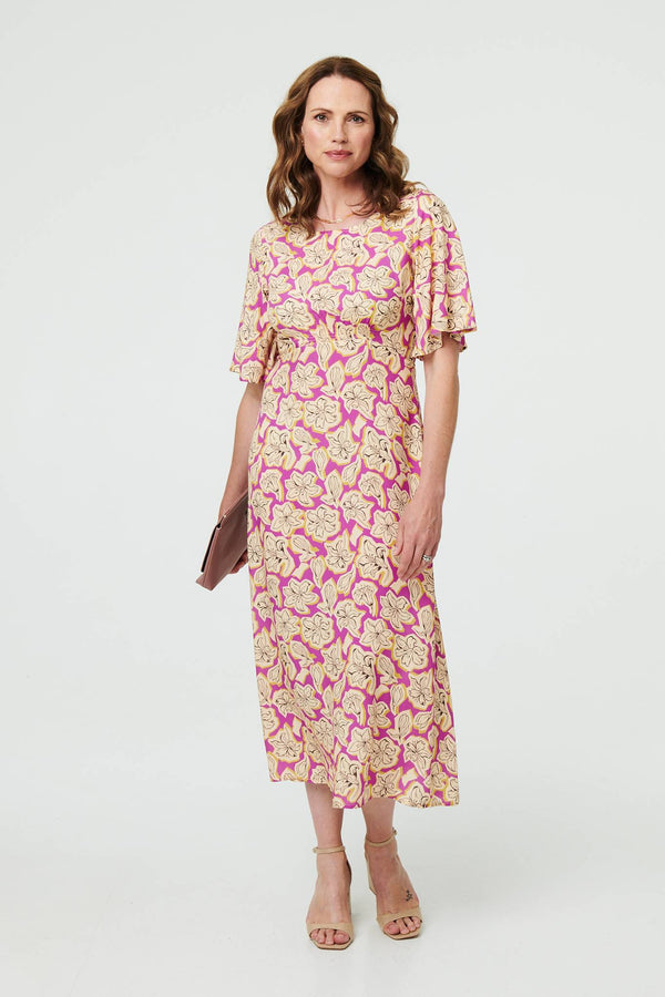 Purple | Floral 1/2 Flare Sleeve Midi Dress