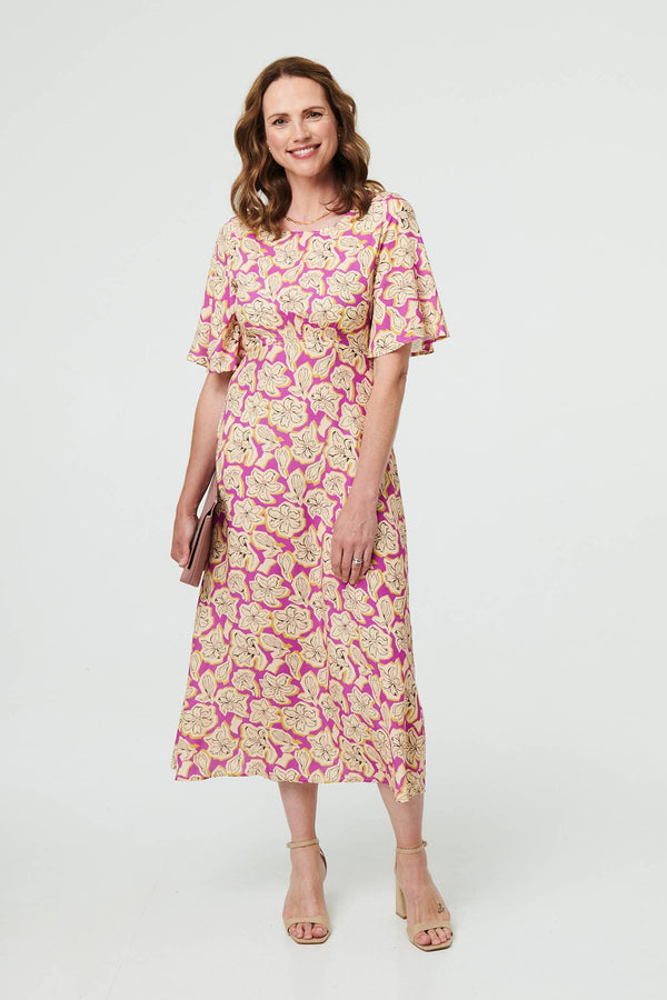 Purple | Floral 1/2 Flare Sleeve Midi Dress