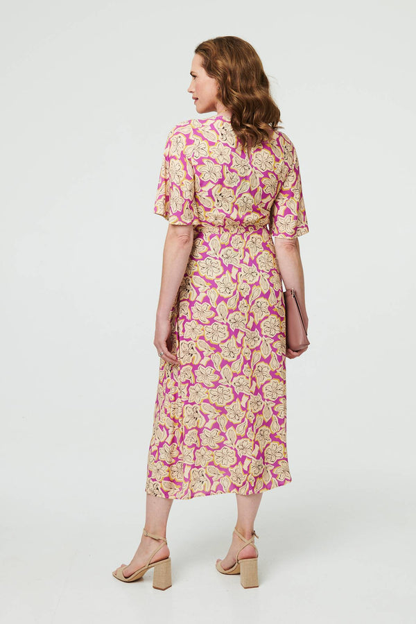 Purple | Floral 1/2 Flare Sleeve Midi Dress