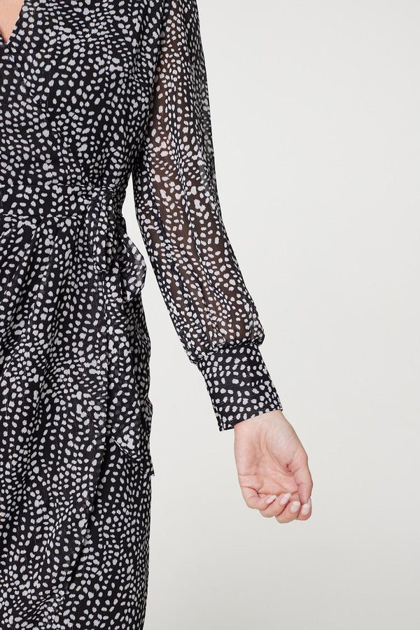 Black | Printed Long Sleeve Wrap Front Short Dress