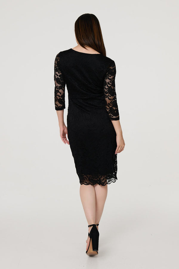 Black | Lace 3/4 Sleeve Faux Wrap Front Dress