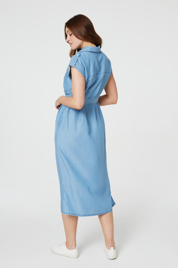 Blue | Denim Side Split Midi Shirt Dress