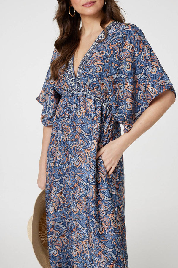 Navy | Paisley Print Kimono Sleeve Midi Dress