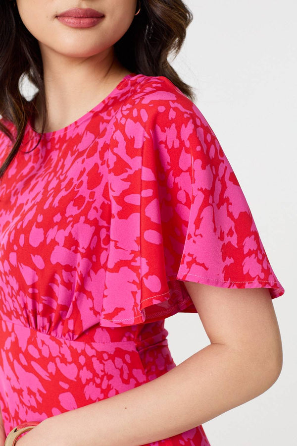 Red | Printed Angel Sleeve Knee Length Dress